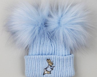 Baby Girls  boys  embrodered ribbed Peter rabbit single or double pom pom hats sizes  newborn  to  6 years  6 colours lovely quality