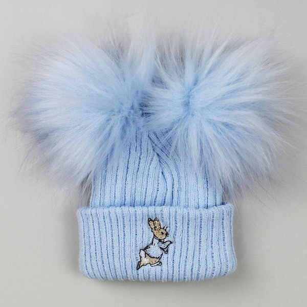 Baby Girls  boys  embrodered ribbed Peter rabbit single or double pom pom hats sizes  newborn  to  6 years  6 colours lovely quality