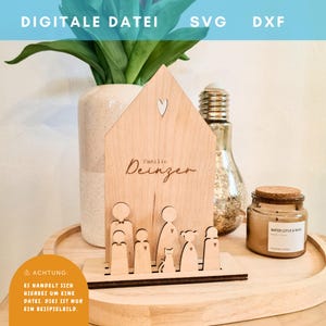 Casa con familia en archivo láser, archivo digital, casa decorativa, SVG, DXF, corte láser, Xtool