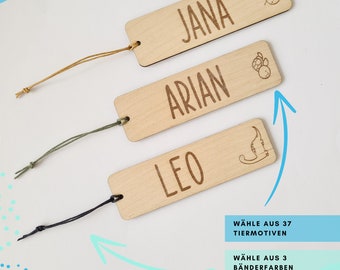 Bookmark with name, personalized, gift, back to school, wooden bookmark, sustainable, animal motif, birthday gift