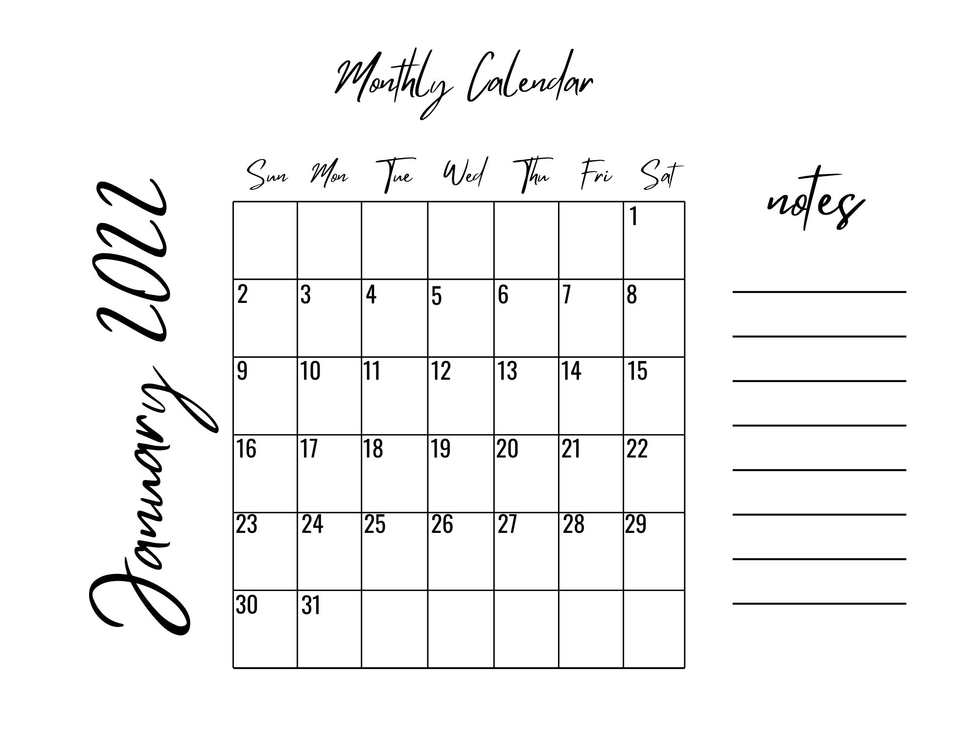 2022 Printable Monthly Calendars With Note Section Etsy