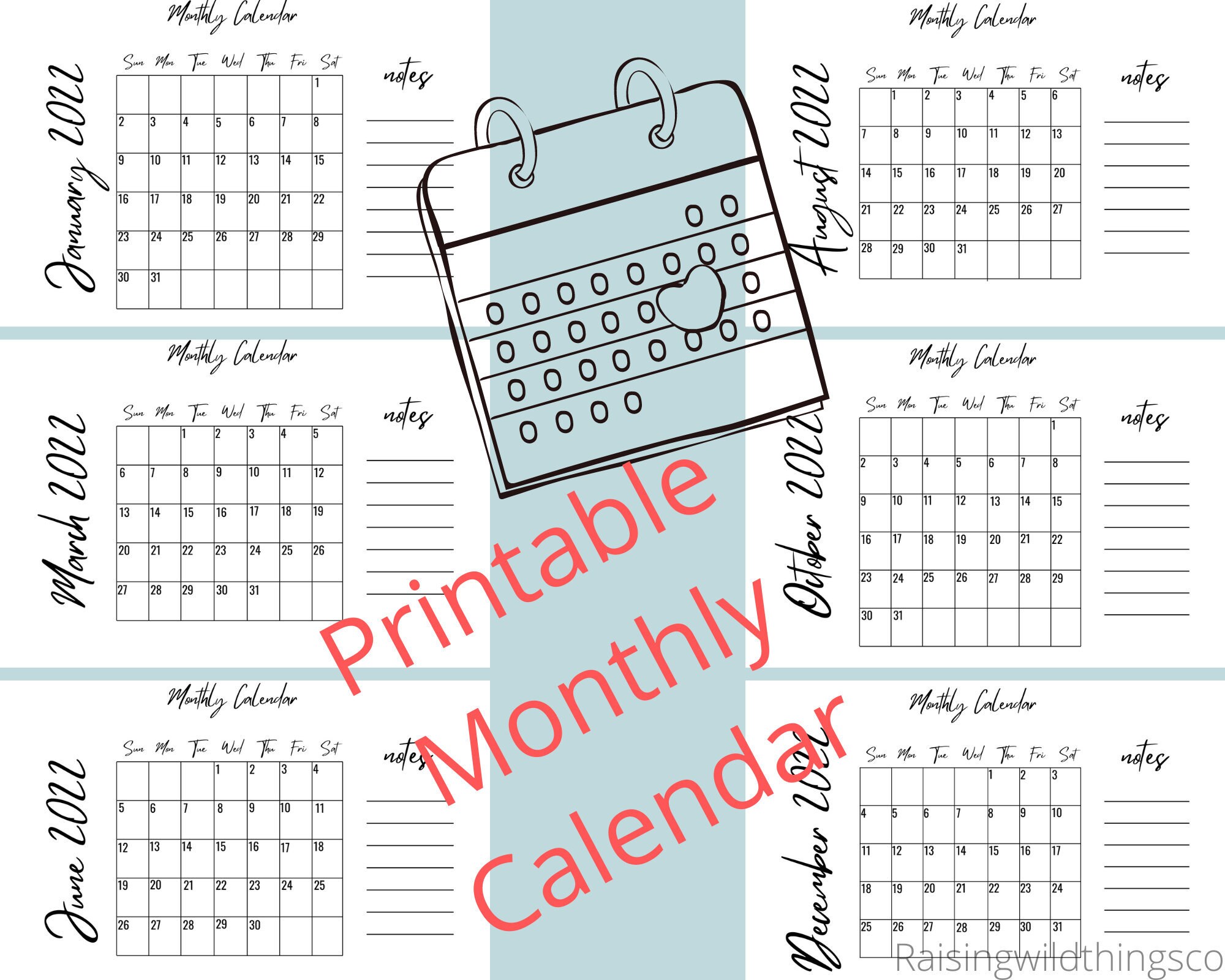 2022 printable monthly calendars with note section etsy