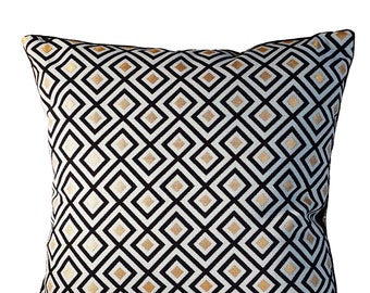 Jacquard Kissenbezug schwarz weiß gold l Geometrisches Quadrat Premium Gold Kissen 45x45cm l Quadratisches weißes und schwarzes Samtkissen l Gold Kissen