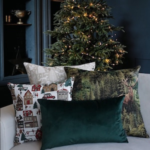 Weihnachts Kissenbezug Set: Grüner Samt, Gobelin, Wald Baumwolle Dekokissen