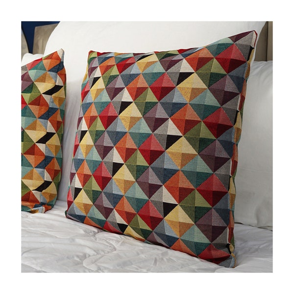 Geometric Tapestry Cushion Cover 45x45cm, Blue Green Black White Yellow Pillow 18x18", Red Kilim Style Pillows, squares and triangles