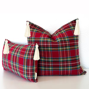 Christmas Tartan Pillow Cover: Red Green Stewart Plaid, Tassel Decor