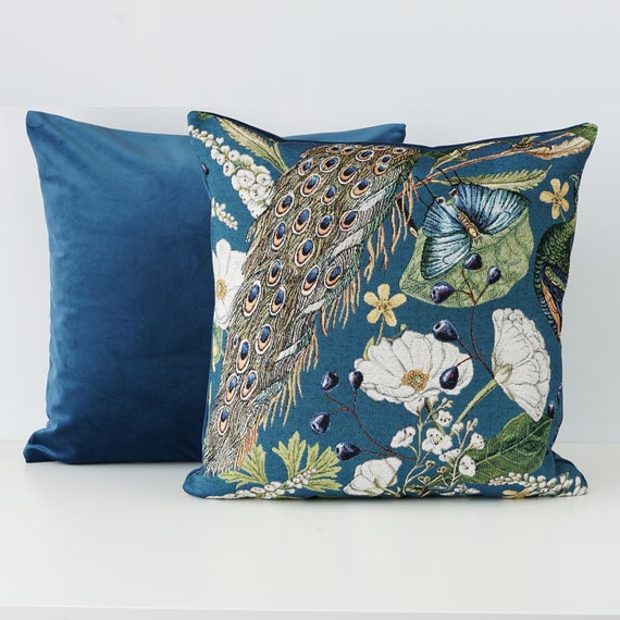 Peacock Cushion Cover 45x45cm Blue Velvet Pillow Etsy