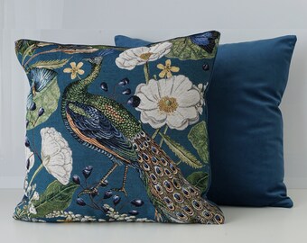 Peacock Tapestry Cushion Cover: Blue Velvet Animal Pillow