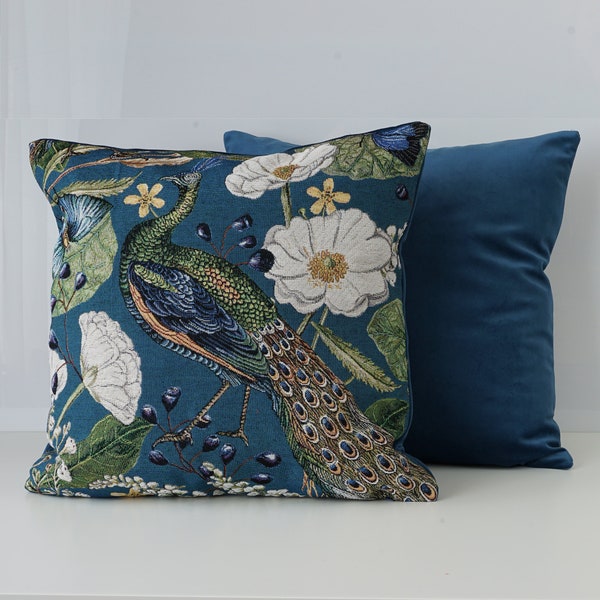 Peacock Tapestry Cushion Cover: Blue Velvet Animal Pillow