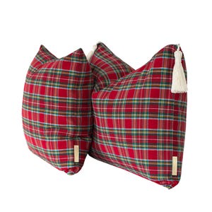 Copricuscino natalizio in tartan rosso Stewart, copricuscino natalizio rosso e verde, federa Royal, regalo e cuscino decorativo in cotone con nappine