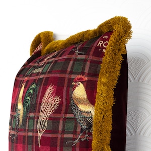 Gobelin Kissenbezug: Roter Burgunder Baumwolle, Hahn & Gold Quaste