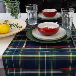 以下が含まれることがあります： 緑、赤、青の格子柄のテーブルランナー。緑と白のプレート、トマトの入った赤いボウル、グラスに入った水が置かれています。