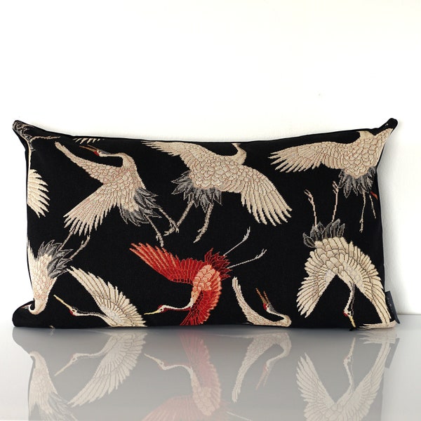 Japanese Style with Bird Pattern Cushion Cover 50x30cm White and Terracotta Color Crane Gobelin Premium 20x16" Black Velvet