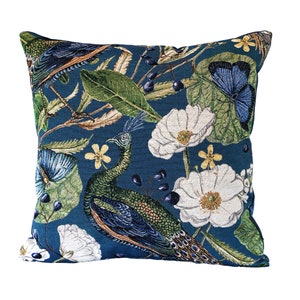 Blue Peacock Tapestry Cushion Cover: Velvet Kilim Pillowcase