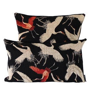 Japanese Crane Pillow Cover: Black Velvet Japandi Cushion (50x30cm)