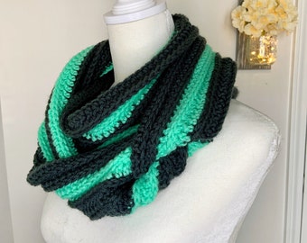 Grey And Green Womens Infinity Scarf, Handmade Knit Scarf, Winter Fashion Wrap Scarf, Oversized Scarf For Women