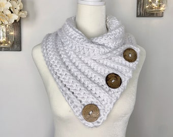 White Cowl Scarf, Winter Scarf For Women, Chunky Button Cowl, Crochet Accessories, Neck Warmer Cowl