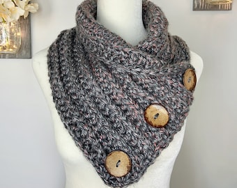 Button Cowl Scarf Grey, Heathered Grey Crochet Scarf For Women, Chunky Knit Scarf, Winter Fashion, Chunky Cowl Neck Warmer