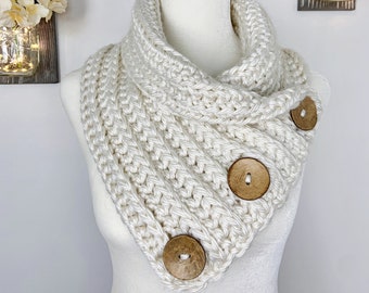 Cream Cowl Scarf, Winter Scarf For Women, Chunky Button Cowl, Crochet Accessories, Neck Warmer Cowl