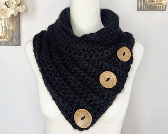 Black Chunky Crochet Cowl Scarf: Women's Winter Neck Warmer with Coconut Buttons