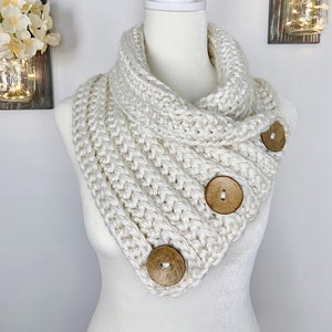 Cream Cowl Scarf, Winter Scarf For Women, Chunky Button Cowl, Crochet Accessories, Neck Warmer Cowl