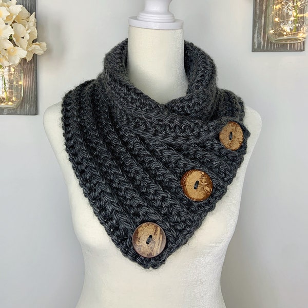 Button Cowl Scarf Dark Grey, Crochet Scarf For Women, Chunky Knit Scarf, Winter Fashion, Chunky Cowl Neck Warmer