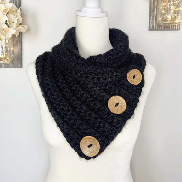 Black Cowl Scarf, Winter Scarf For Women, Chunky Button Cowl, Crochet Accessories, Neck Warmer Cowl