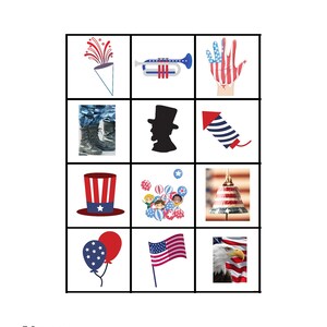 May include: A printable worksheet with the title "Patriotic Patterns". The worksheet has a grid with nine squares. Each square contains a different image related to the United States of America, such as fireworks, a trumpet, a hand with an American flag painted on it, a boot, a silhouette of a man wearing a top hat, a rocket, a hat with stars and stripes, a group of children holding balloons, a bell with stars and stripes, a balloon with stars and stripes, an American flag, and an eagle with stars and stripes.