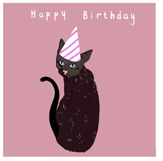 Black Cat Birthday Greeting Card - 147x147mm, Blank Inside, Premium 350gsm Card, Made In UK