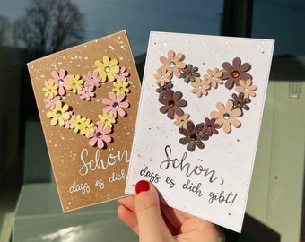 Grusskarte "Schön, dass es dich gibt" / handgemachte Grusskarte / Blumenkarte / Dankeskarte