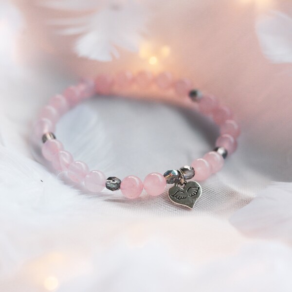 Bracelet "Angel", Rosequartz Bracelet, Angel Heart Pendant, Rosenquarz Armband, Edelstein Armband, gift ideas for her