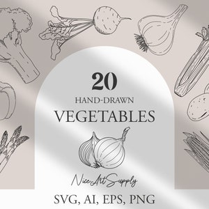 Conjunto de iconos de contorno de silueta vectorial de arte de línea de verduras / Imágenes prediseñadas de verduras dibujadas a mano / Archivo de corte / Cricut / SVG / PNG / EPS / Illustrator