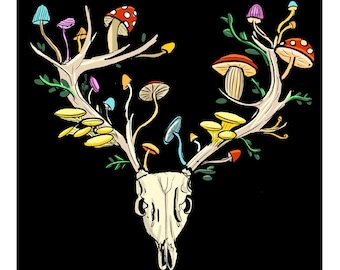 Deer Skull Mushroom Illustrated Wall Art Print
