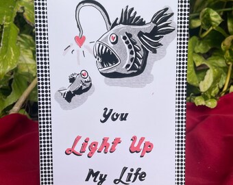 Angler Fish Valentines Day Yellow or Pink Loved One Anniversary or Valentines Card