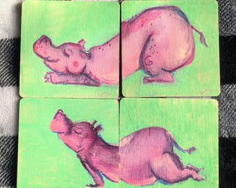 Hippo Yoga Coaster: 4-Inch Square Wooden Coaster, Hand Painted Acrylic Ink