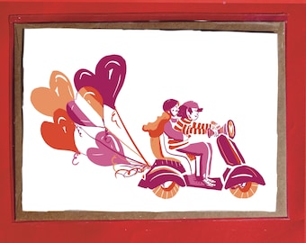 Sapphic Valentines Day Card, Lesbian Couple, Vespa and Sunset WLW Flag color Heart Balloons