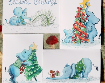 Elephant Christmas Cards: Hand Illustrated Holiday Greeting Card 4pack