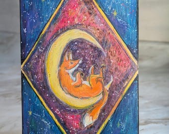 Fox Moon Wall Art – Handmade Wood Burning Ink Painting