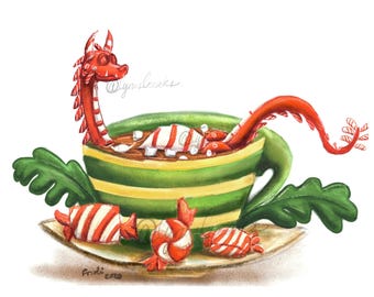 Dragon Having Pepprmint Hot Cocoa Bath Wall Print Seasonal Christmas Holiday Decoration Wall Art