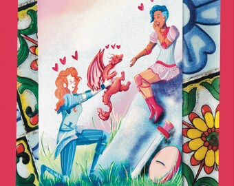 Lady Knight’s Proposing with Dragon Valentines Day Card WLW Sapphic Greeting Card
