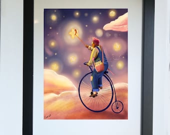 Dreamy Star Catcher on Penny Farthing Vintage Inspired Modern Fantasy Wall Art Illustration Print