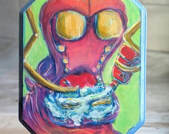 Hippo Brushing Teeth Wall Art:  Ready for Display Acrylic Painting on Wood 11.5"x9"