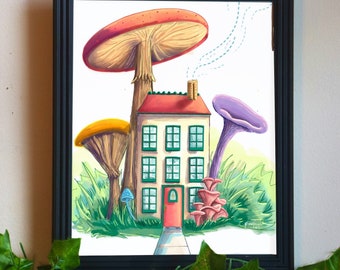 Mushroom illustration with idyllic home wall hanging art print bright and colorful retro art