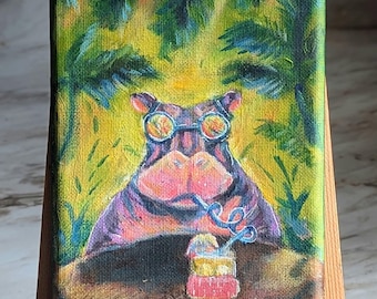 Hippo Sips Tea Painting, 5x7 Acrylic on Wrapped Canvas