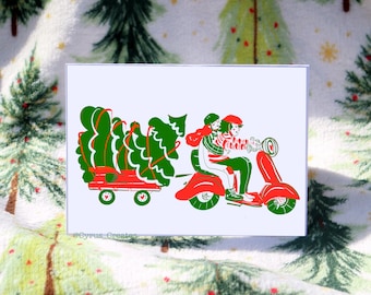 Sapphic Holiday Card, Lesbian Couple, Vintage Vespa Christmas Tree LGBTQ