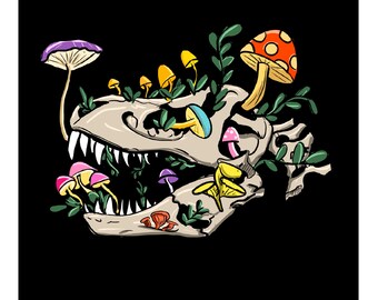 T-REX Dinosaur and Mushroom Illustrated Wall Art Portrait Print