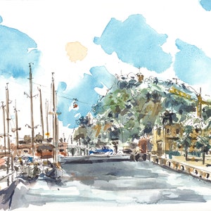 Haven van Barcelona | Barcelona Schilderij, Origineel Schilderij, Illustratie, Tekening, Aquarel