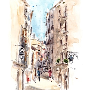Pi-straat | Barcelona schilderij, origineel schilderij, illustratie, tekening, aquarel