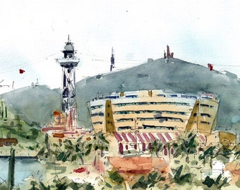 Ausblicke auf den Hafen von Barcelona | Barcelona-Gemälde, Originalgemälde, Illustration, Zeichnung, Aquarell
