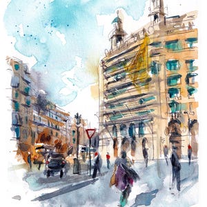 Barcelona-Catalunya Square | Barcelona Painting, Original Painting, Illustration, Drawing, Watercolor
